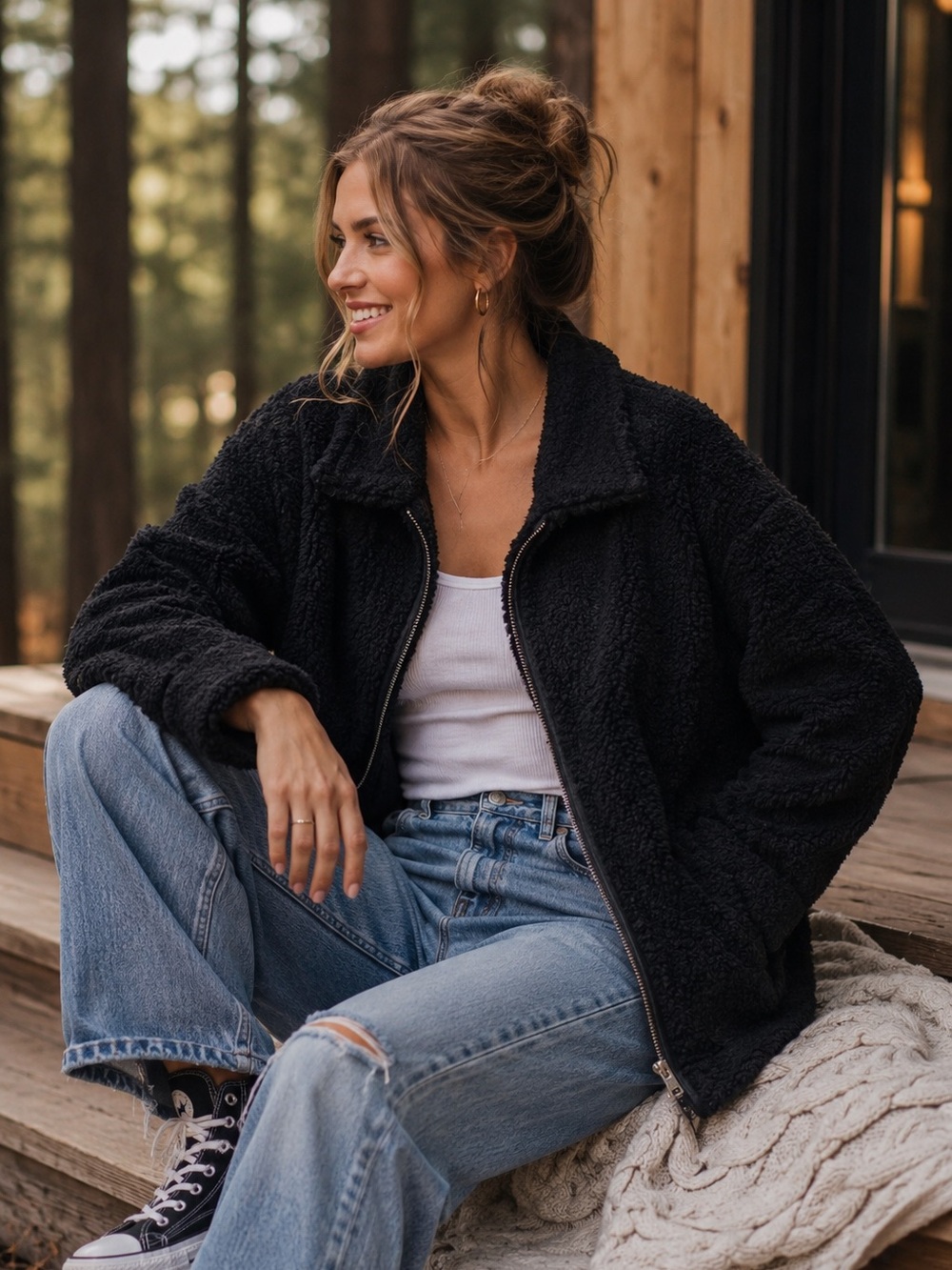 Free People Wool Oversized Teddy Moto Jacket Sweater Size Medium